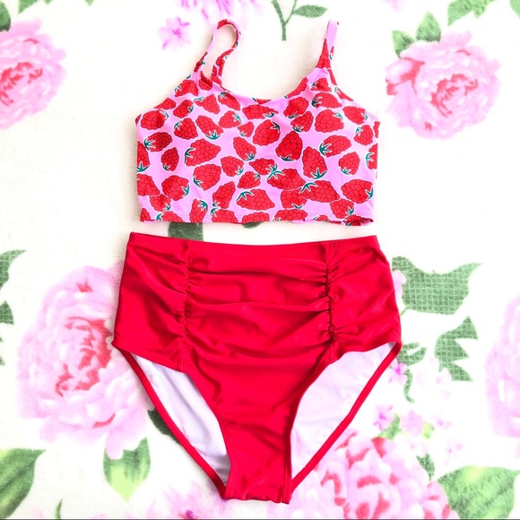 NEW Maternity Red Berry Print Ruched Caged Back High Waisted 2 Piece Swimsuit - Picture 4 of 6